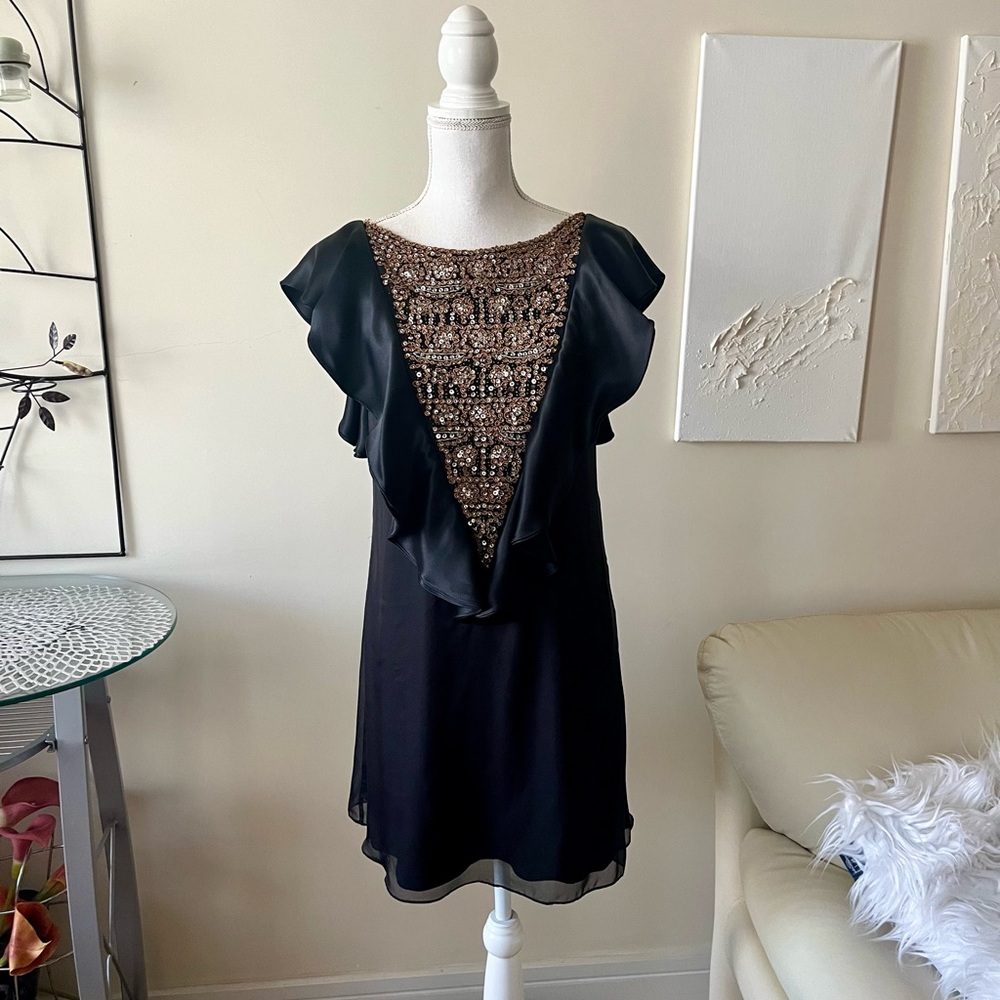 Alice + Olivia Vintage Black Silk Beaded Ruffle Mini Cocktail Dress sz Small